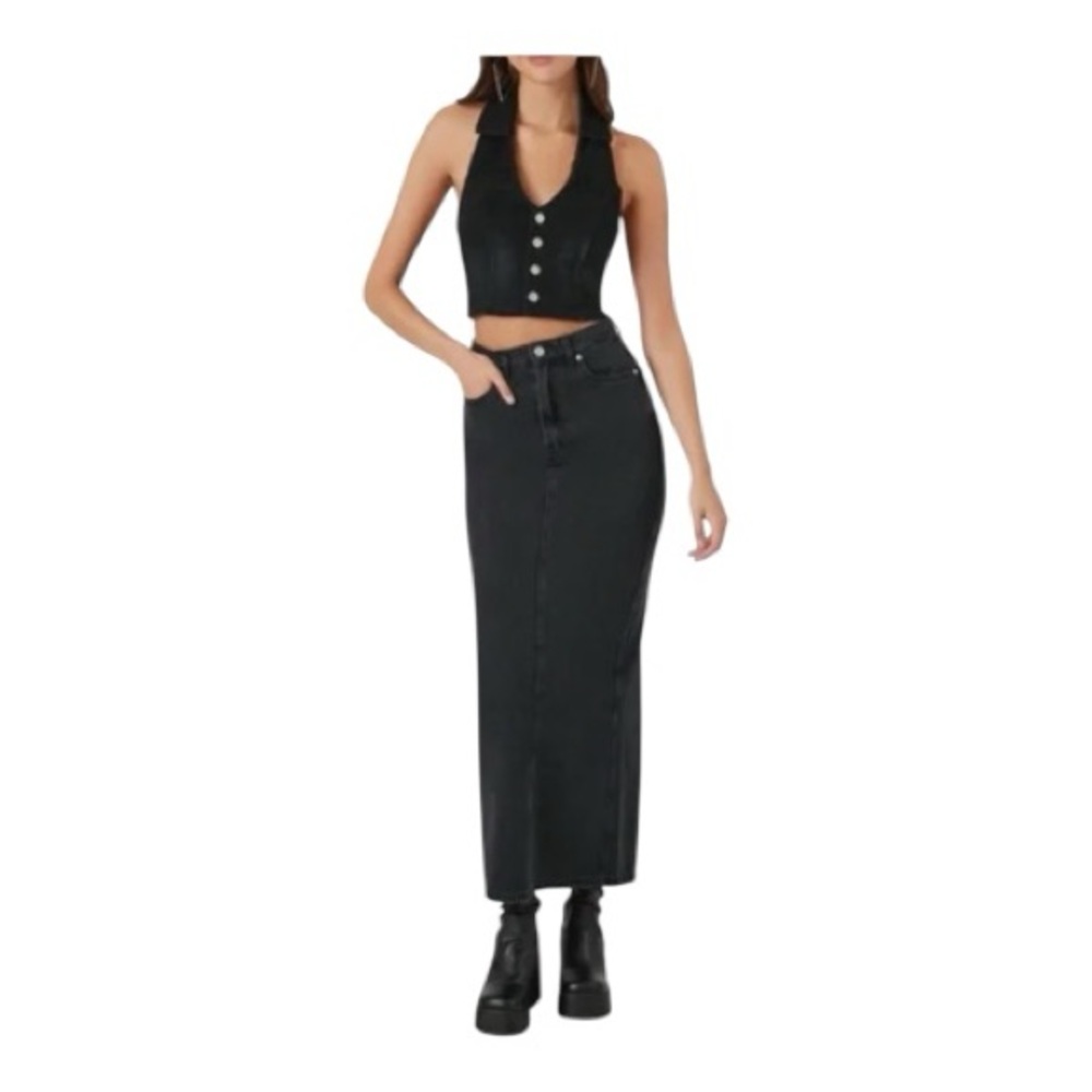 Anthropologie Belle Vere Black Denim Vest and Skirt 2 piece Set
